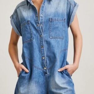 Better Be Denim Romper | Button-Up Short Sleeve One-Piece | Rolled Cuff Shorts